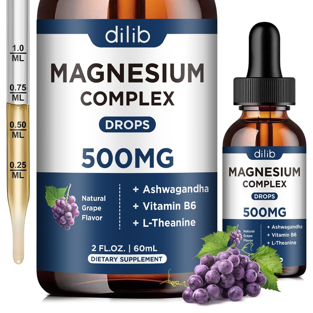 Suplemento Glycinate Magnesium Glycinate 500mg con Citrato, Malate, Ashwagandha, L-Theanine, Vitamina B6 para el sueño, Alivio de estrés, Hueso, Musculo, Mood, Grape Flavor 2 Fl Oz