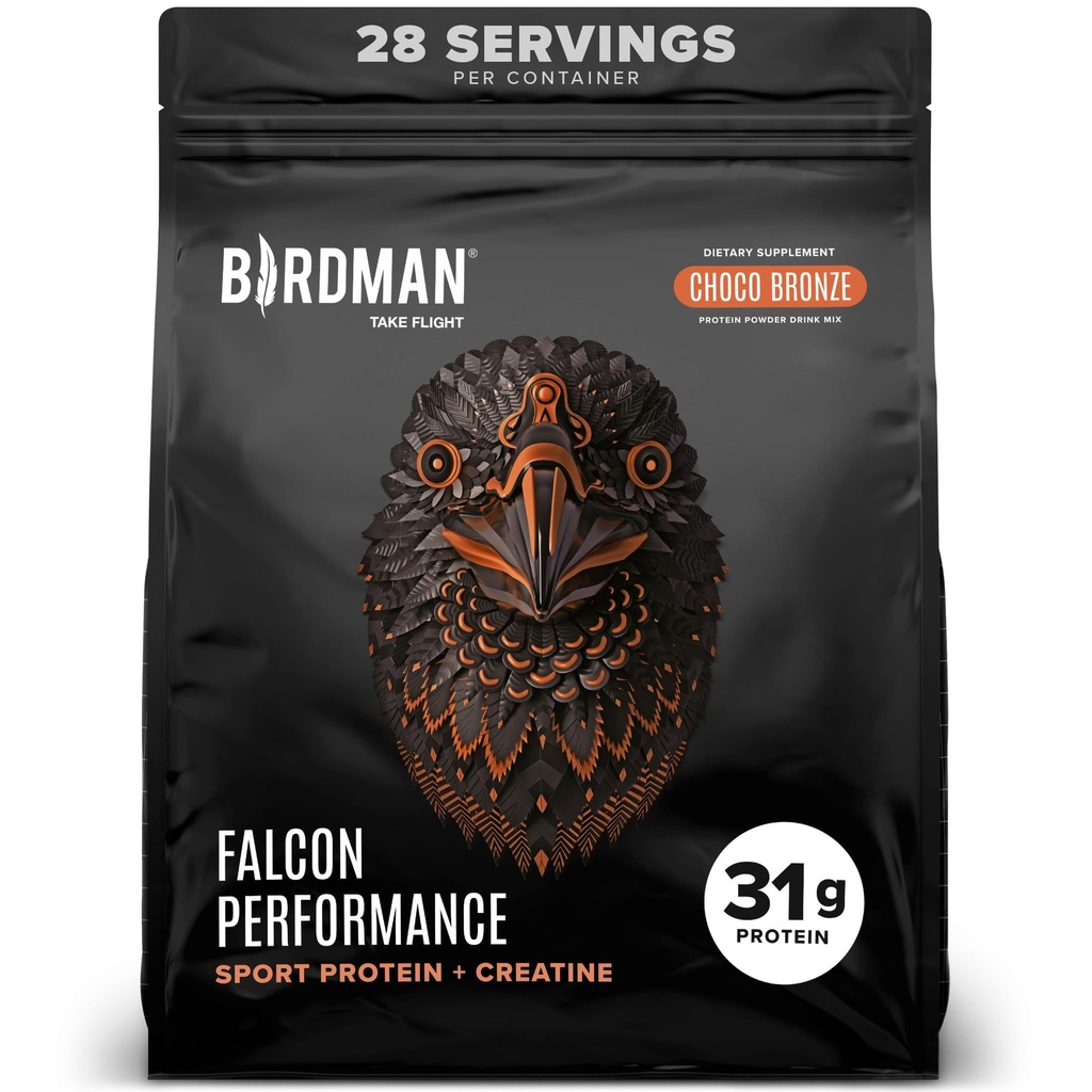 Birdman Falcon Performance Vegan Protein Powder, 31g Protein, 5g Creatine, 5g BCAA, Probiotics, Electrolytes, Pre Workout, Low Carb, Sugar Free &amp; Dairy Free, Plant Based Chocolate Protein, 28 porciones