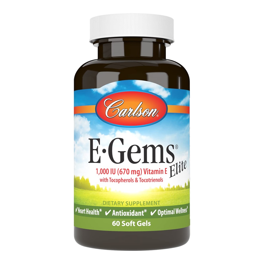 Carlson - E-Gems Elite, 1000 IU (670 mg) Vitamin E with Tocopherols and Tocotrienols, Optimal Wellness, 60 Softgels