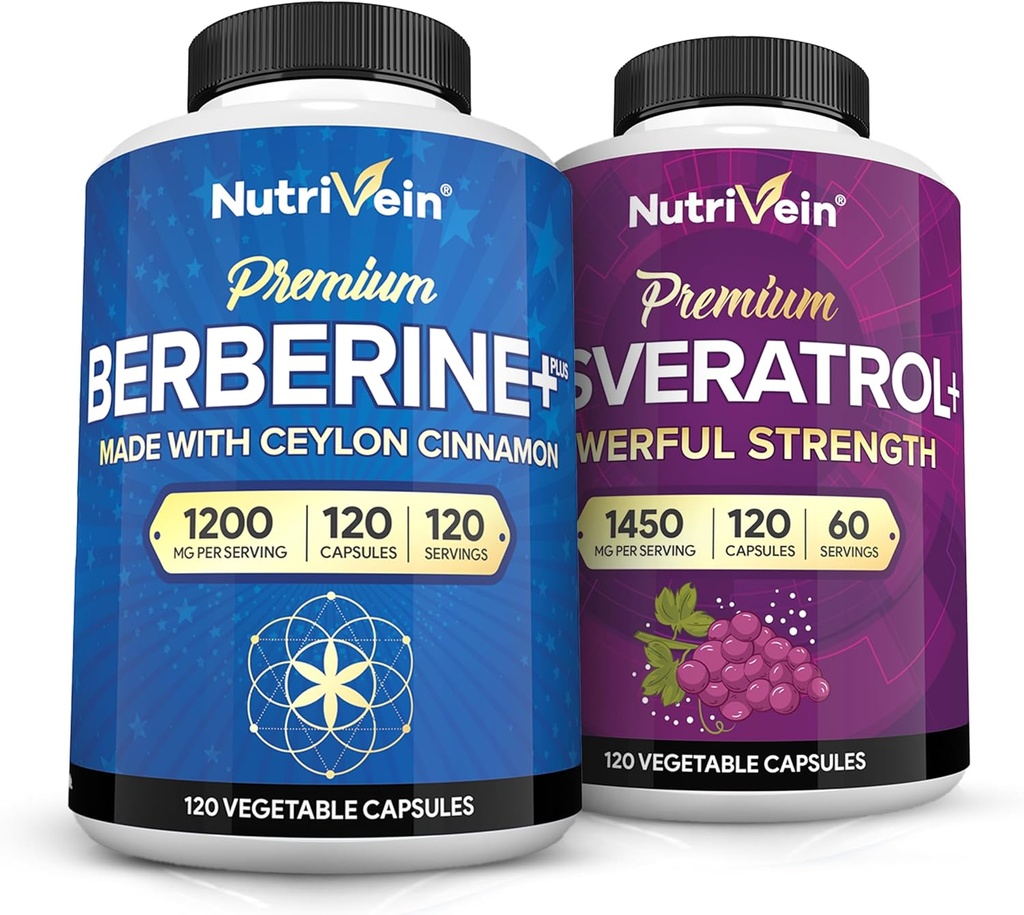 Nutrivein Premium Berberine HCL 1200mg & Resveratrol Bundle - con Ceylon Cinnamon " Antioxidante con Acai Berry - Gestión de pesas " Immune Plus Joint Support - Non-GMO, Vegan/Vegetarian - 120 Caps