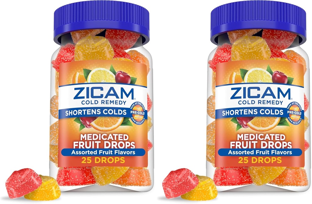Zicam Cold Remedy Zinc Medicated Fruit Drops, Assorted Flavors, Homeopathic, Cold Shortening Medicine, Shortens Cold Duración, 25 Cuenta (Pack of 2)