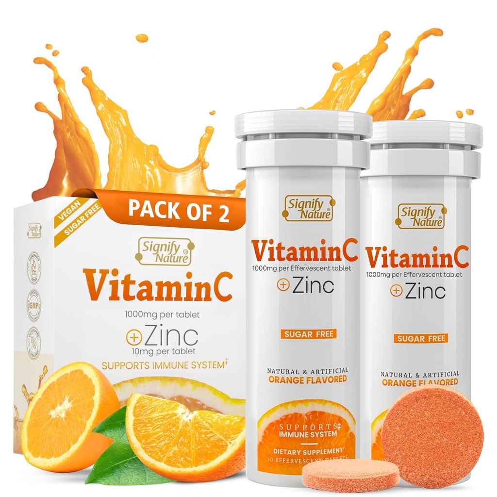 NATURALEZA Vitamina C 1000mg Tablas efervescentes - Potent Immune Support VIT C with Zinc Supplement - Sugar-Free & Vegan Fórmula ← Dissolvable Vitamin C Tablets - Agua Soluble Fizzy Elixir - 20CT