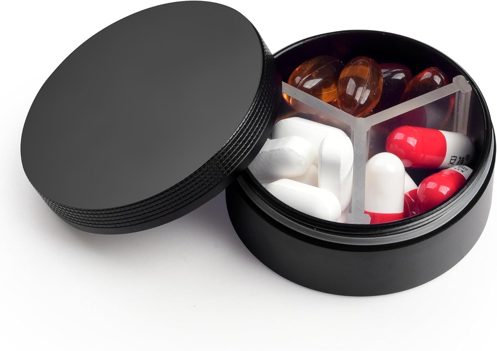 Caja pequeña de pill 3 Compartimientos, Caja de pill redondeada de metal, Organizador a prueba de agua, Pocket Purse Medicine Vitamin Holder EDC Container (Negro)