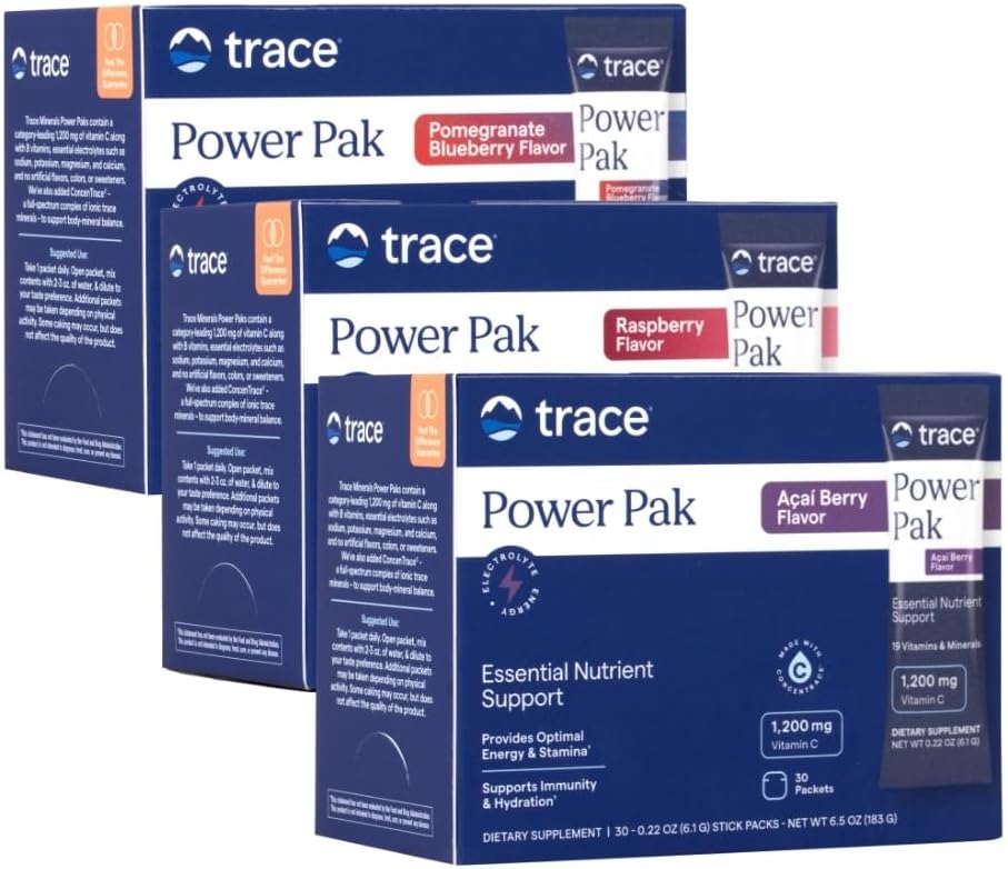 Trace Minerals Power Pak Multivitamin and Multimineral Packets - Electrolyte Support - 1200 mg Vitamin C Plus 70 Raspberry, Acai Berry y Blueberry Pomegranate Variety - 90 Packets