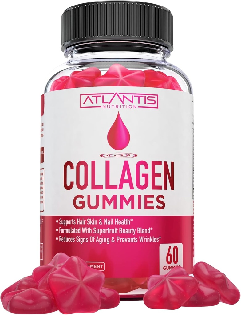 Atlantis Nutrición Collagen Peptides Gummies for Women - Formulado con Tipo I & III - Vitamina & Superfruit Beauty Blend - Formulado para apoyar el cabello, la salud de uñas y piel