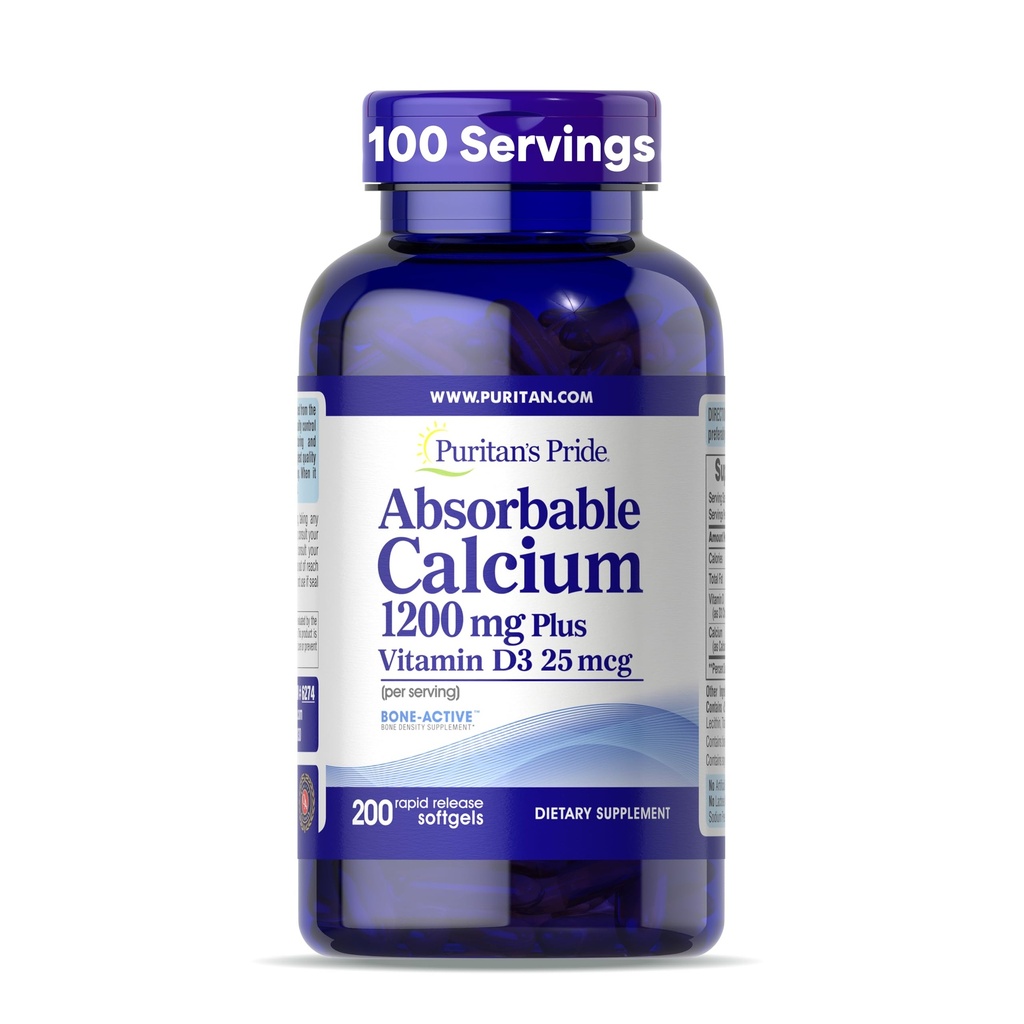 El orgullo de Puritan Absorbable Calcio 1200 mg más Vitamina D3 25mcg 1000 UI con Bone-ActiveTM, 200 Rapid Release Softgels