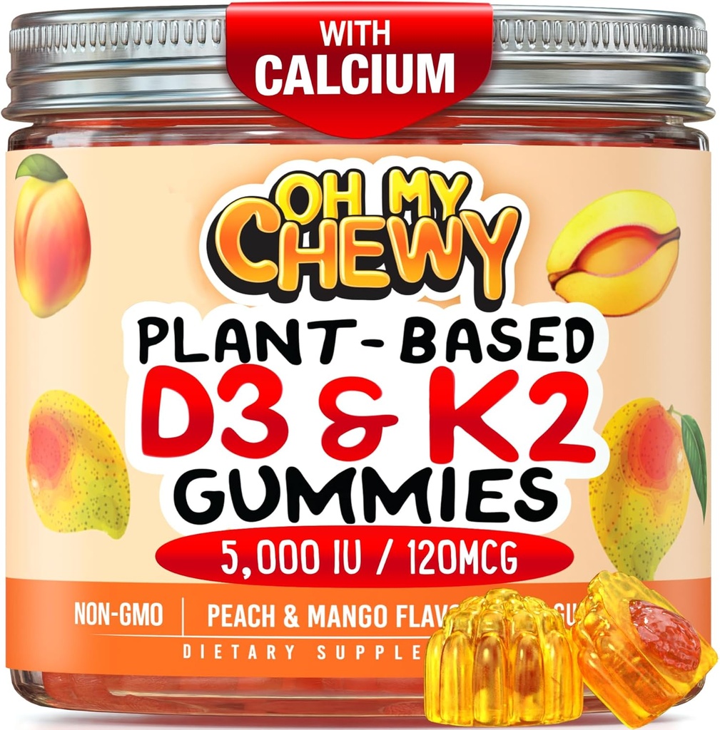Centro-Filled Vitamina D3 K2 Gummies - Niños, Adolescentes & Adultos - Suplemento para Dientes Saludables, Huesos, Energía &amp; Inmunidad - 5000 UI D3, 120 mcg K2(MK-7), 120 mg Calcium - Vegan &amp; Non-GMO - 120 Conde