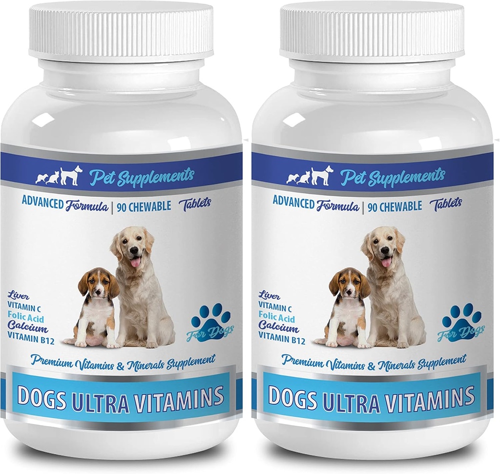 Vitaminas para Perros - Perro Ultra Vitaminas - Minerales - NUTRIENTES esenciales - Premium y Natural - Calcio de perros Tabletas - 2 Botellas (180 Chews)