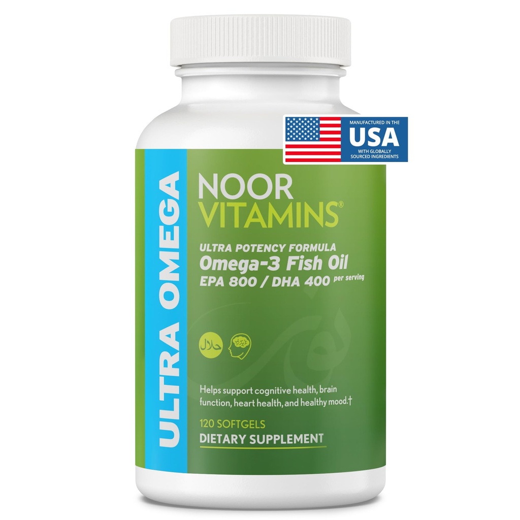 Vitaminas de Noor Aceite de Pesca Halal, Vitaminas Halales, Pescado Peruano Ultra Omega 3 (800 mg EPA &amp; 400 mg DHA) Corazón, Cerebro &amp; Soporte Conjunto, No GMO y Gluten Libre (120 Conteo)
