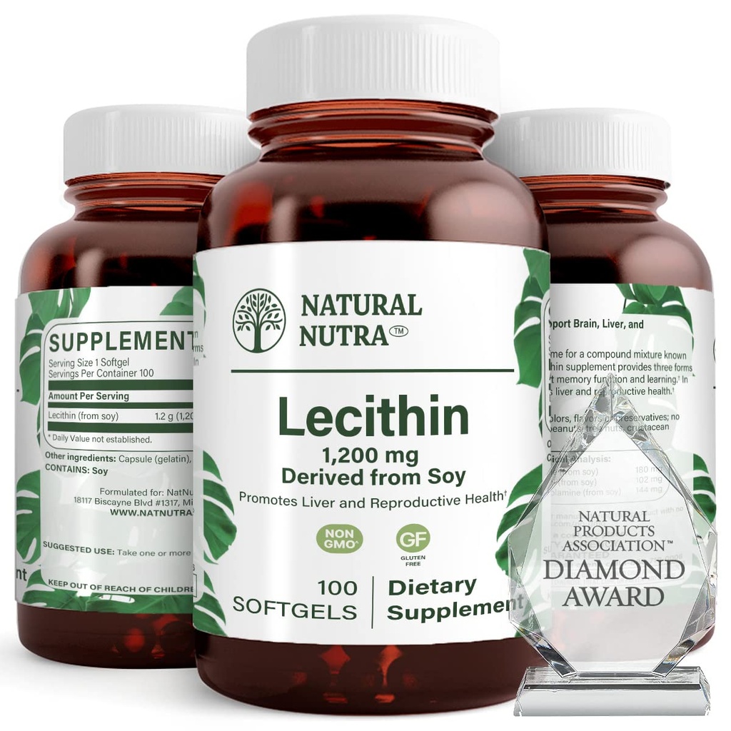 Natural Nutra Soy Lecithin 1200 mg Suplemento dietético - Función cerebral, Salud del hígado, Hepls Breast Health, Memory Boosting Supplement - Gluten-Free, BPA-Free, 100 Softgels en botellas de vidrio reciclable