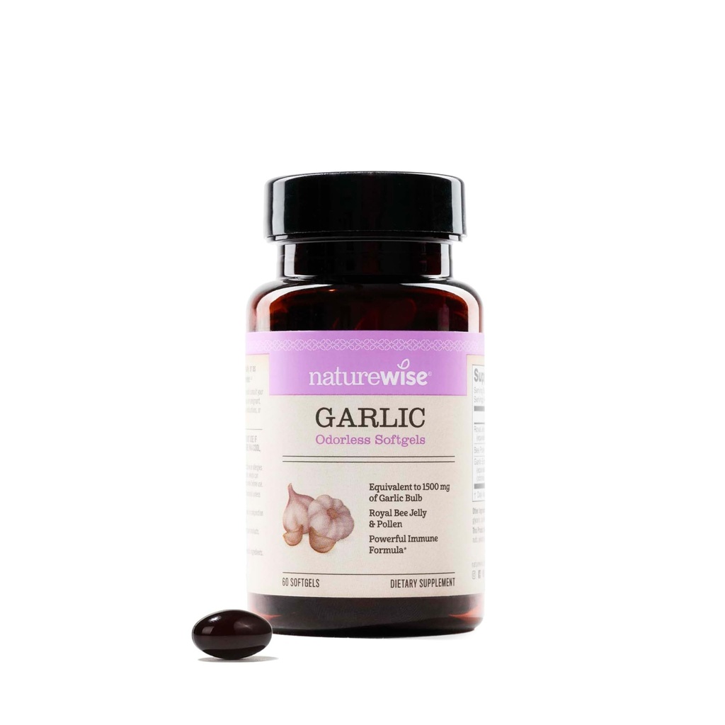 NatureWise Odorless Pills de ajo - con Royal Bee Jelly & Pollen - Suplemento herbal para la salud del corazón + Sistema inmunológico + Antioxidantes - Gluten Free, Non-GMO - 60 Softgels [2-Month Supply]