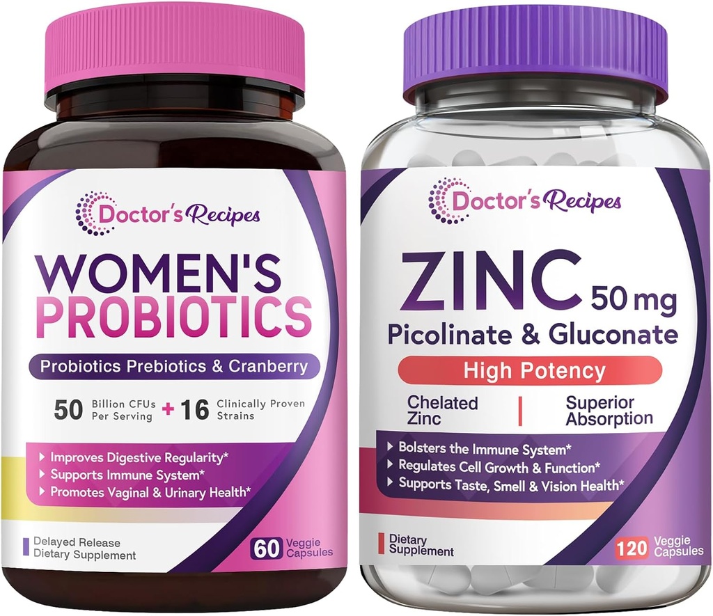 Recetas del médico Probiótico de mujeres " Zinc Bundle, Digestivo, Vaginal " Salud urinaria, Defensa de inmunodeficiencia natural, liberación tardía cápsulas probióticas 60ct " Zinc capsules 120 ct