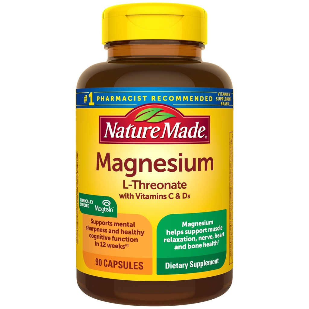 Nature Made Magnesium L-Threonate with Vitamin C & Vitamin D3, Proporciona 130 mg de Mag a partir de 1800 mg Magnesium L Threonate, Cognitive Support Magnesium Suplemento, 90 cápsulas, 30 Day Supply