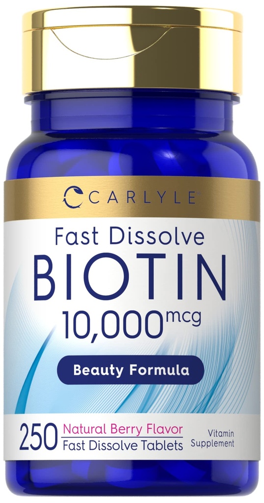 Carlyle Biotin 10000mcg ← 250 Fast Dissolve Tablets TEN Max Strength ANTE Vegetarian, Non-GMO, Gluten Free Supplement