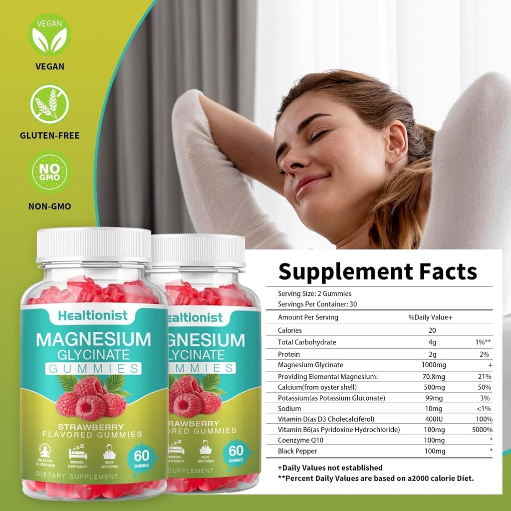 1 Pack Magnesium Glycinate Gummies for Adults &amp; Kids, Best Magnesium Supplement Gummy for Sleep, Stress & Muscle Relief & Nerve Health, 60 Cuentas Calm Gummies