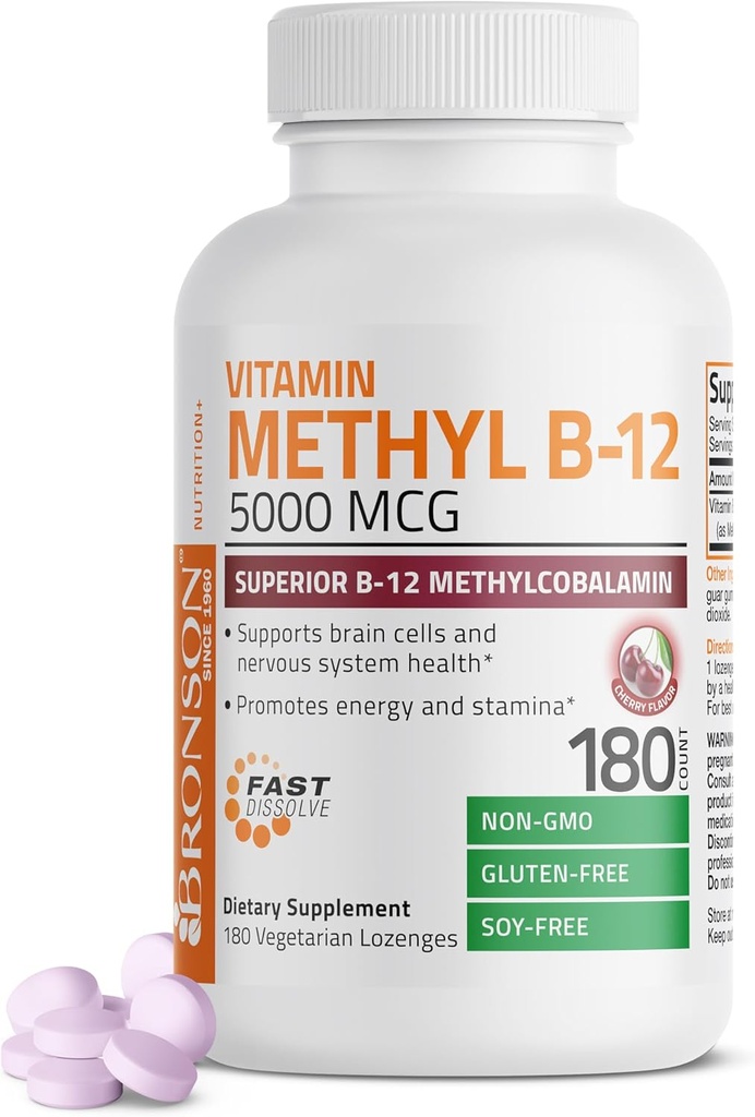 Bronson Methyl B12 5000 mcg Vitamina B12 Methylcobalamin Energy & Brain Support, 180 Lozenges