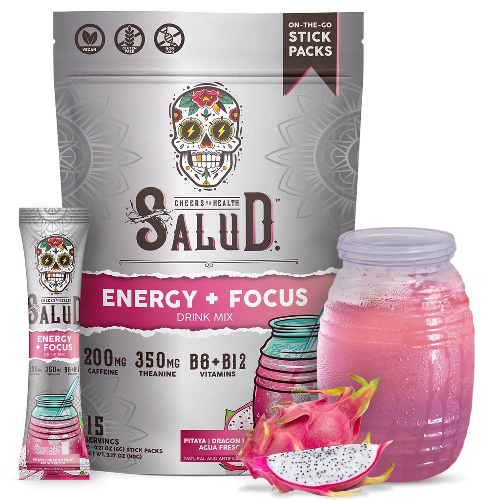 Salud 2-en-1 Bebida Energética Powder + Focus, Fruta Dragón, Caffeine Orgánica, B6 + B12, Theanina, Packets de Bebida en Energía Limpia, Pitaya Agua Fresca Mix, No GMO, Gluten Free, Vegan, 1g de Sugar, (15 Servings)