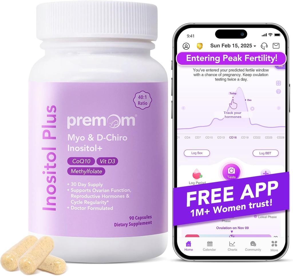 Premom Inositol Plus - 2000mg Myo-Inositol " 50mg D-Chiro Inositol, CoQ10, Folate " Vitamina D3-40:1 Ratio - Apoyo al equilibrio hormonal, salud reproductiva ovárica - 30 días