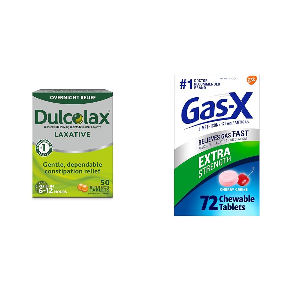 Dulcolax Alivio de la noche libre Laxante para el alivio del estreñimiento suave, Bisacodyl 5 mg Tabletas, 50 Conde &amp; Gas-X Extra Strength Chewable Gas Relief Tablets with Simethicone 125 mg for Bloating Relief