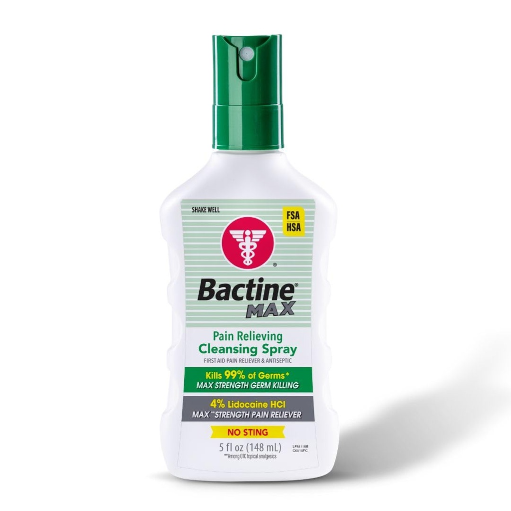 Bactine MAX First Aid Spray - Cleansing Spray with 4% Lidocaine - Relief for Minor Cuts, Burns & Bug Bites - 5oz, 4 Pack
