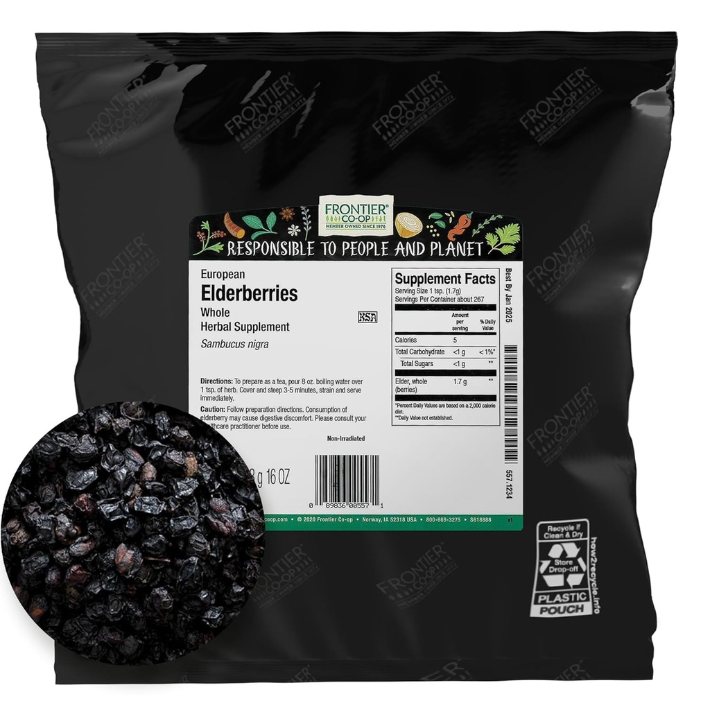 Frontier Co-op Dried Elderberries, 1lb Bulk Bag, European Whole TEN Kosher y Non-GMO Fruta seca de arándano para Polvo, Té, Immune Support