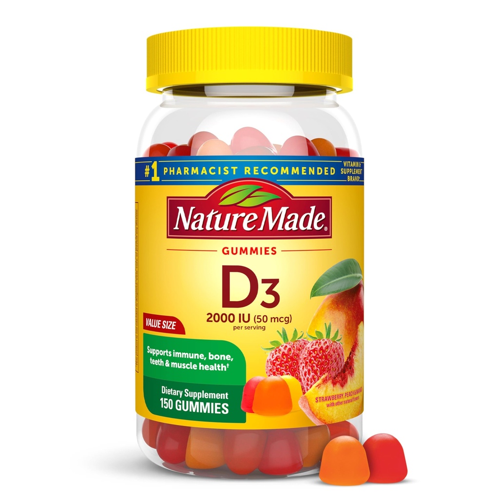 Natural Made Vitamina D3 2000 UI Por Servir Gummies, Huesos, Dientes, Musculo e Immune Health Support, 75 Day Supply, 150 Vitamina D Gummies para Adultos