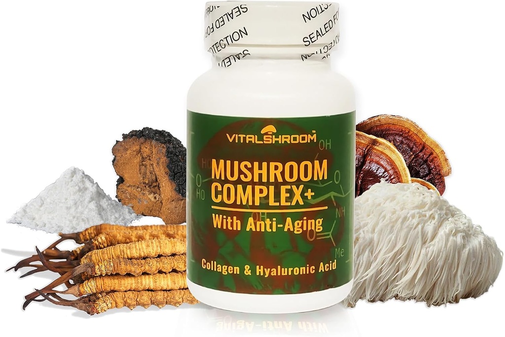 Complejo de baño con anti-envejecimiento. Suplementos anti-envejecimiento basados en hongos naturales con Chaga, Mane de León, Cordyceps, Reishi, Collagen, Ácido Hialurónico, Vitaminas B1, B2, B6, C, D.