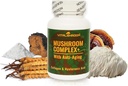 Complejo de baño con anti-envejecimiento. Suplementos anti-envejecimiento basados en hongos naturales con Chaga, Mane de León, Cordyceps, Reishi, Collagen, Ácido Hialurónico, Vitaminas B1, B2, B6, C, D.