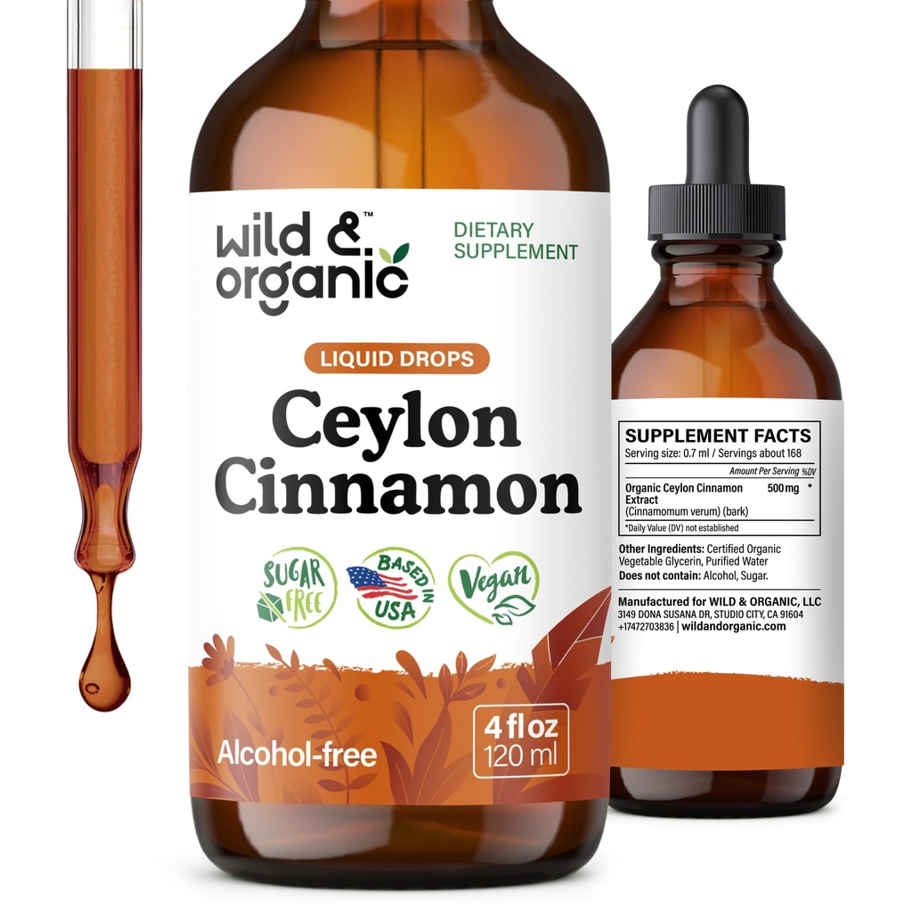 Wild &amp; Organic Ceylon Cinnamon Tincture 500 mg - Suplementos de canela líquido para soporte general - Extracto de corteza de canela de canela de canela de canela de canela de canela de canela de canela de canela - Vegan, Azúcar &amp; Sin alcohol, No GMO - 4 fl oz