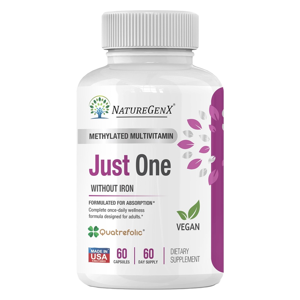 Just One Daily Methylated Multivitamin - 60 Caps Pure Methyl B12, Methylfolate MTHFR Apoyo Suplemento Hierro Vitaminas Metiladas Gratis para Hombres 2 Meths Supply Gluten Free