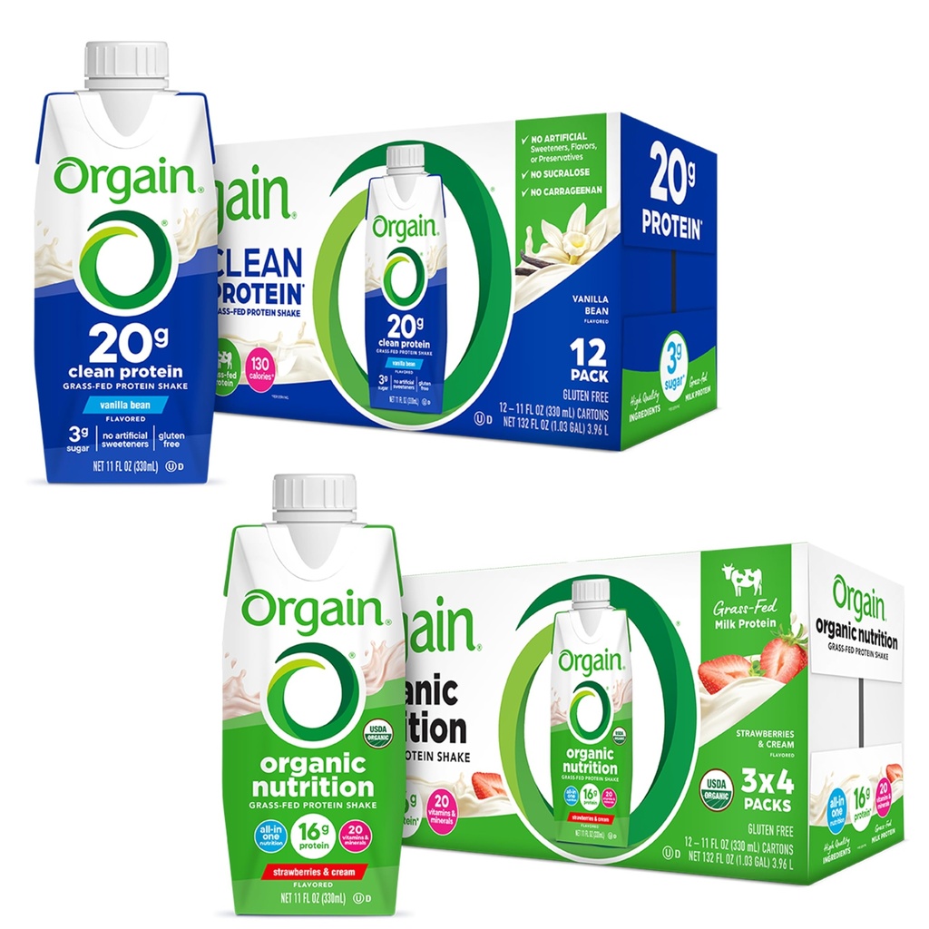 Orgain Clean Protein Shake, Grass Fed Dairy, Vanilla Bean (Pack of 12) y Orgain Organic Nutritional Protein Shake, Strawberries & Cream (Pack of 12)