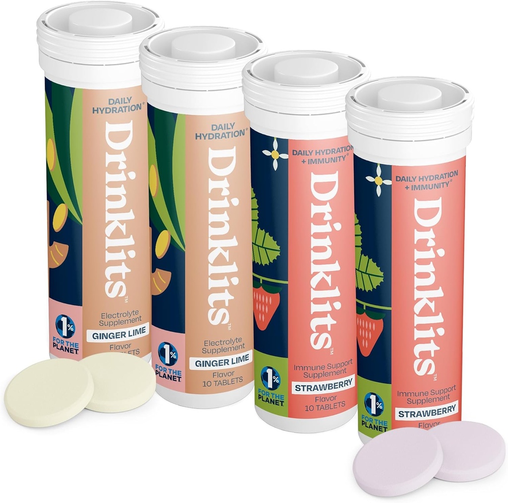 Bebidas Ginger-Lime Hydration Electrolytes & Strawberry Immune Support Tablets (4) Tube Combo Pack ← Great Taste – Gluten Free – Daily Use 4 Pack (40 Servings)