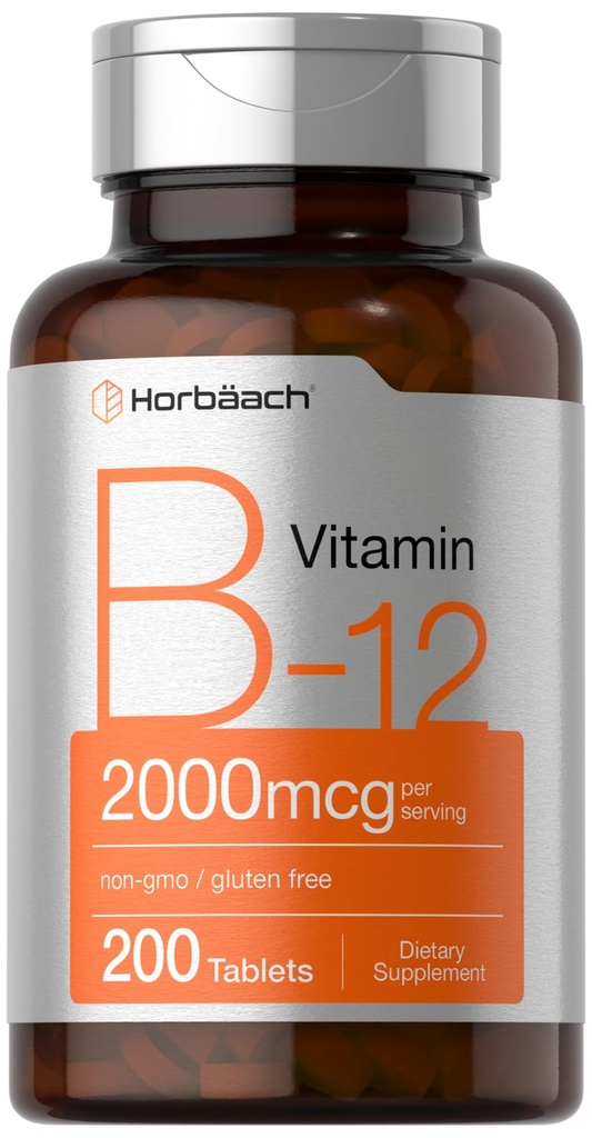 Horbäach B12 Vitamin 2000 mcg | 200 Tablets | Vegetarian Supplement | Non-GMO & Gluten Free