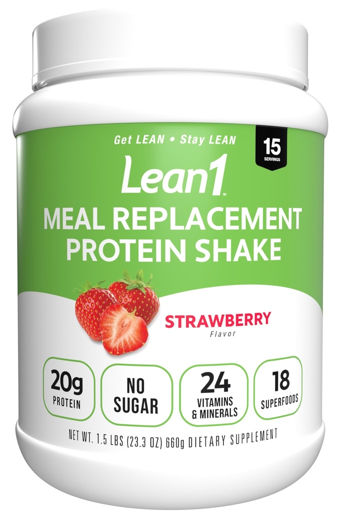 Lean1 Meal Reemplazo Protein Shake, Strawberry Flavor, 15 Tubo de servicio
