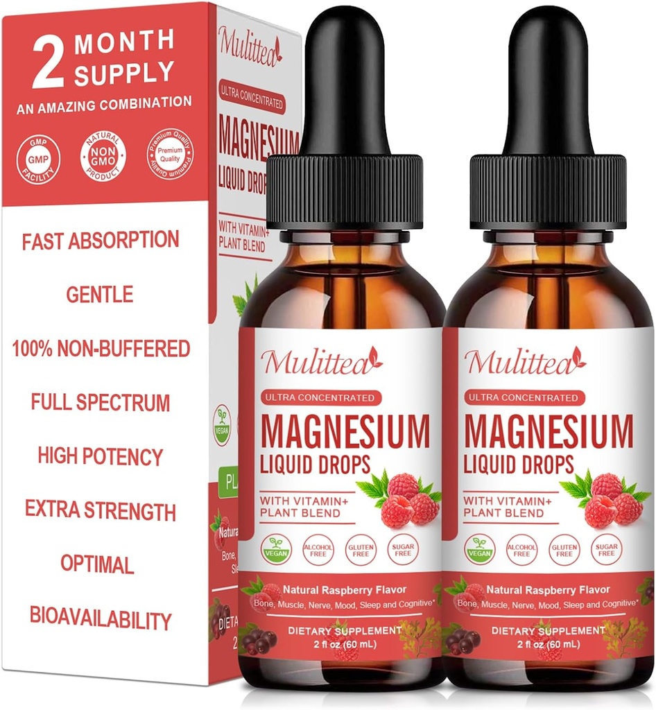 gota líquida Glycinate de Magnesio - Triple Absorción Suplemento de soporte Nervios, sueño, calma, corazón, músculos * -Sugar-libre con Potasio, L-Theanine, Moss de mar, vitamina B,C,D3, K2-2Pack