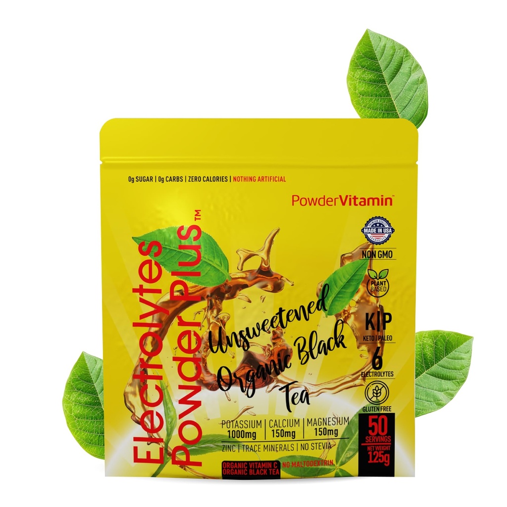 PowderVitamin Electrolytes Powder Plus (50 Servings) Unsweetened Black Tea Electrolyte Powder Keto,SugarFree, Pink Himalayan Salt,1000mgPotasio,150mgCalcium,150mgMagnesium,Hydration Powder NO STEVIA