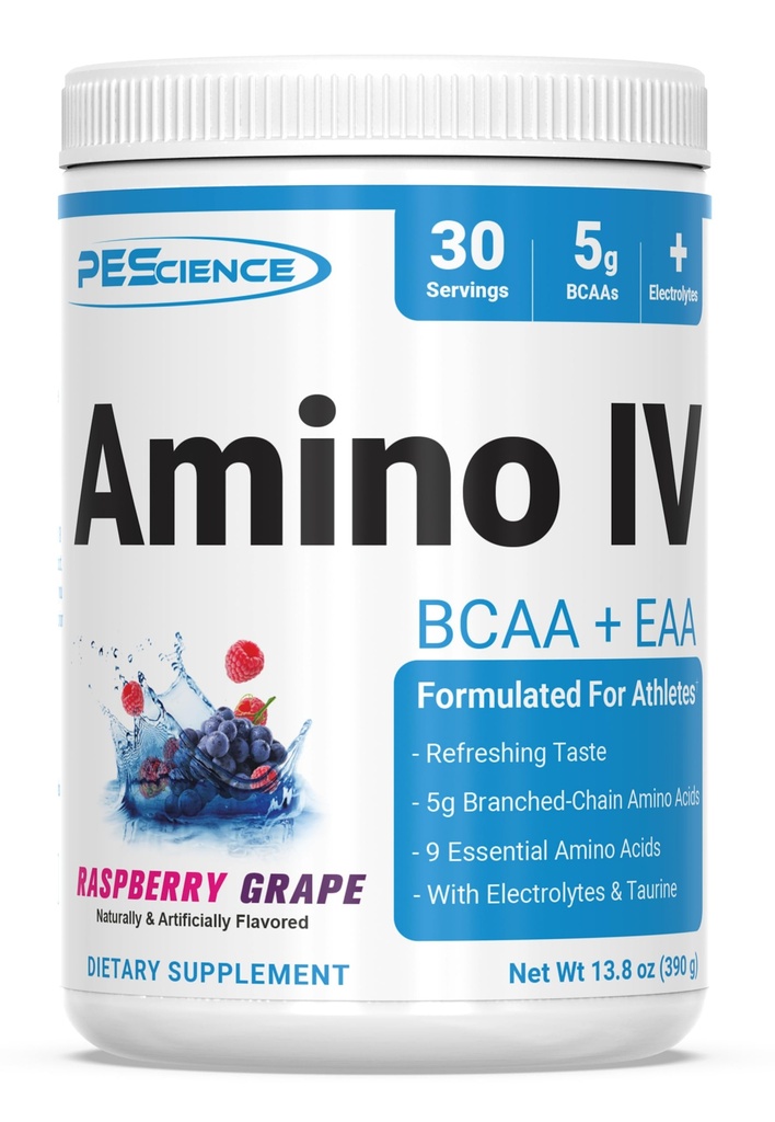PEScience Amino IV BCAA &amp; EAA Powder, Aminoácidos Esenciales, Taurine, Electrolitos para Hidratación y Recuperación de Musculos, Azúcar Gratis para Hombres &amp; Mujeres, Post Workout - Raspberry Grape - 30 Serviciones