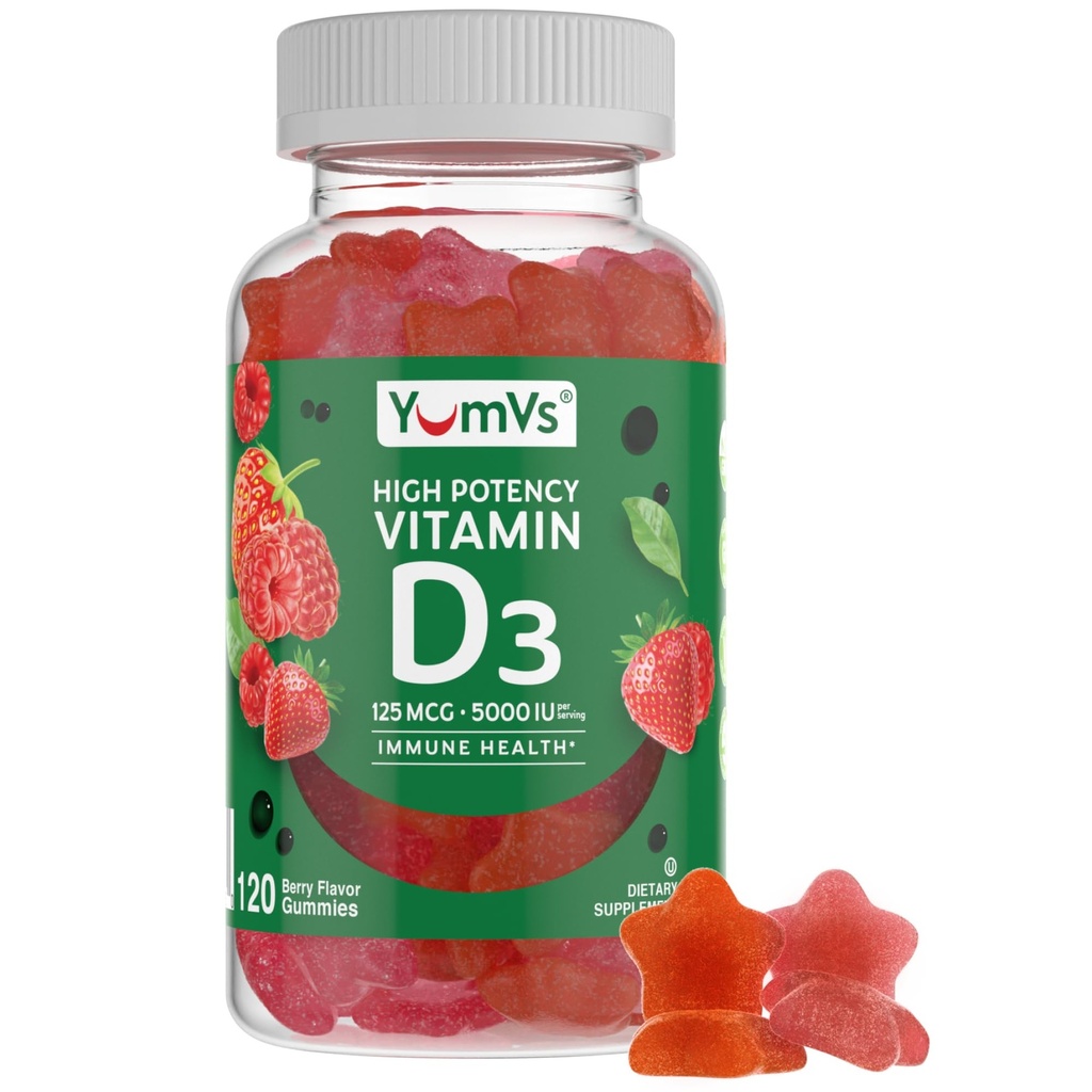 Vitamina D3 Gummies 5000 UI 125mcg D3 Gummies - Soporte Inmunitario, Strong Bone Health - Non-GMO, Gluten-Free, Dairy-Free, Vitamin D Gummy(120 Conteo)