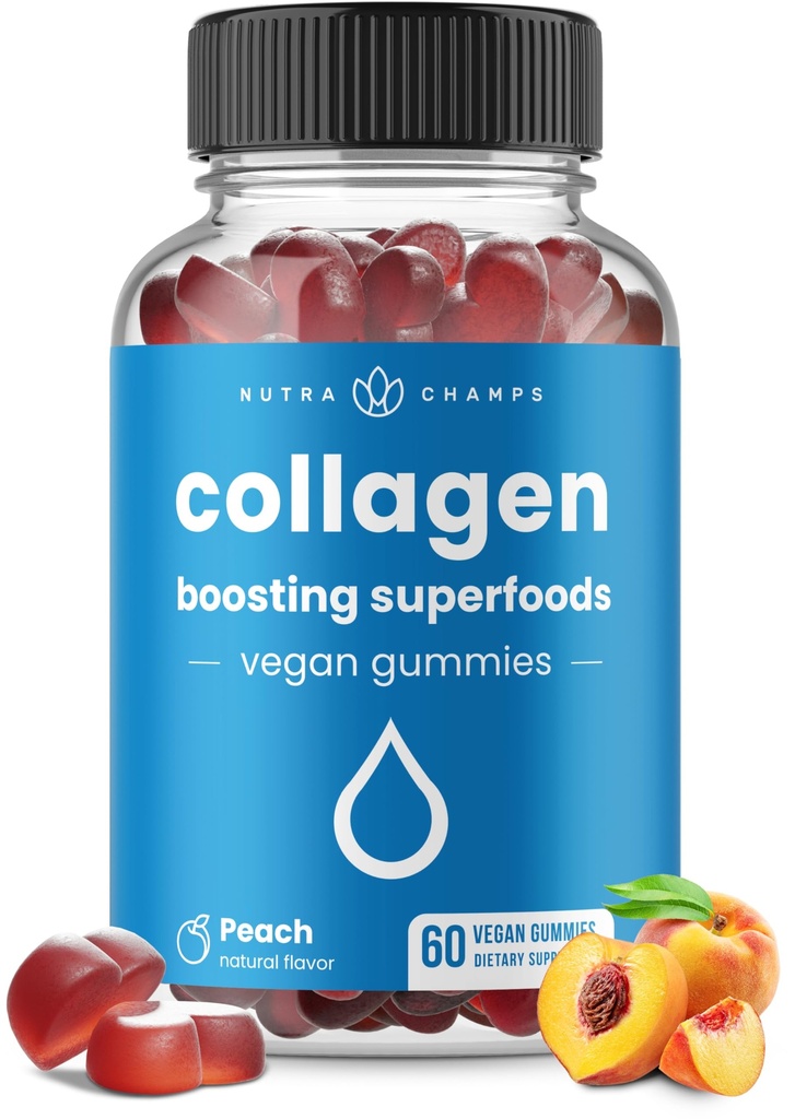 NutraChamps Collagen Boosting Gummies, Collagen Booster Gummy for Natural Collagen Production, Vegan Pectin Supplements Chews for Women &amp; Men, 60 Peach Vitamins Gummies