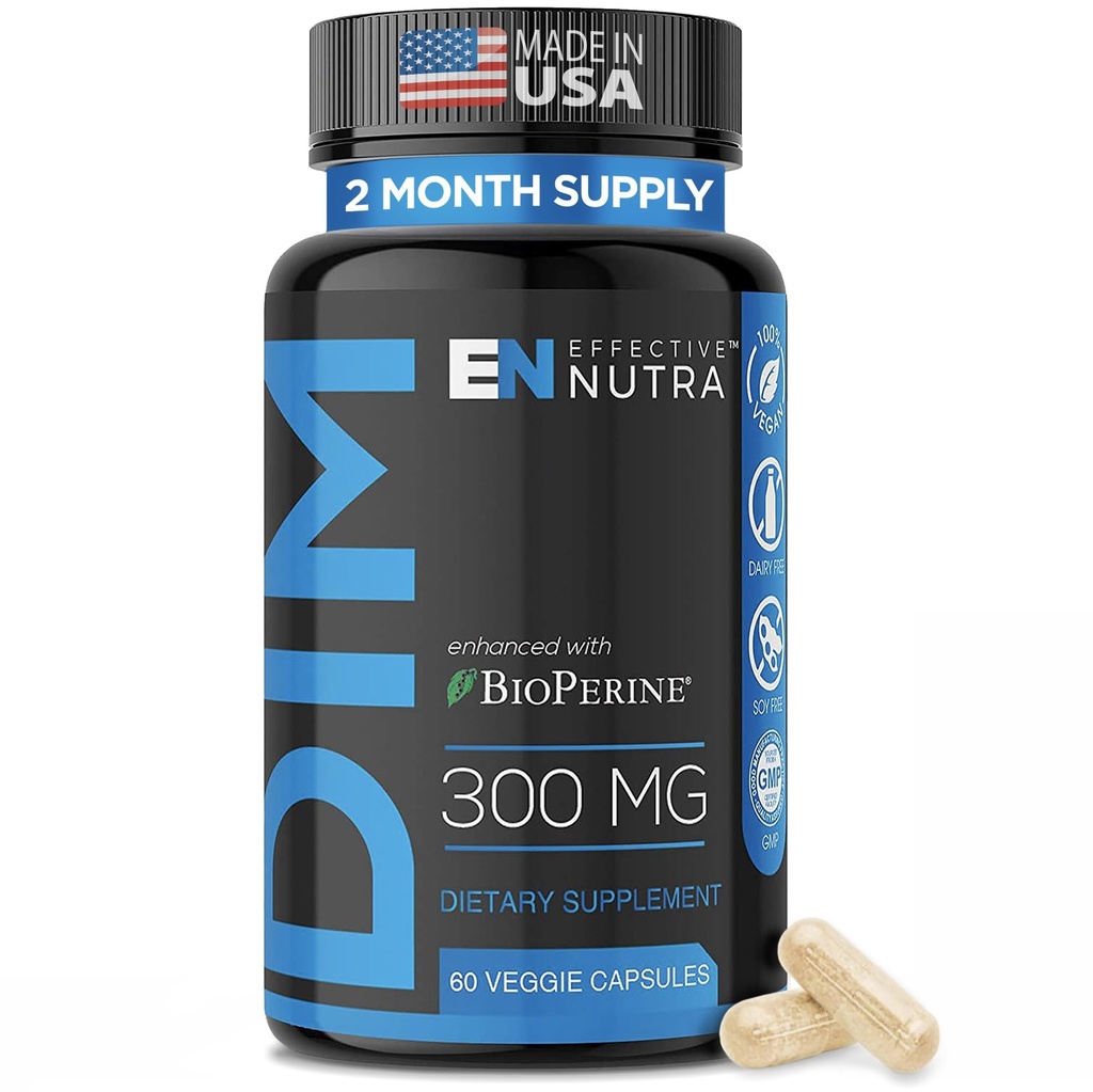 EFFECTIVE NUTRA Dim Supplement 300mg with BioPerine - Extra Strength Estrogen Blocker for Men &amp; Women - Hormone & Metabolism Support - 2 Month Supply