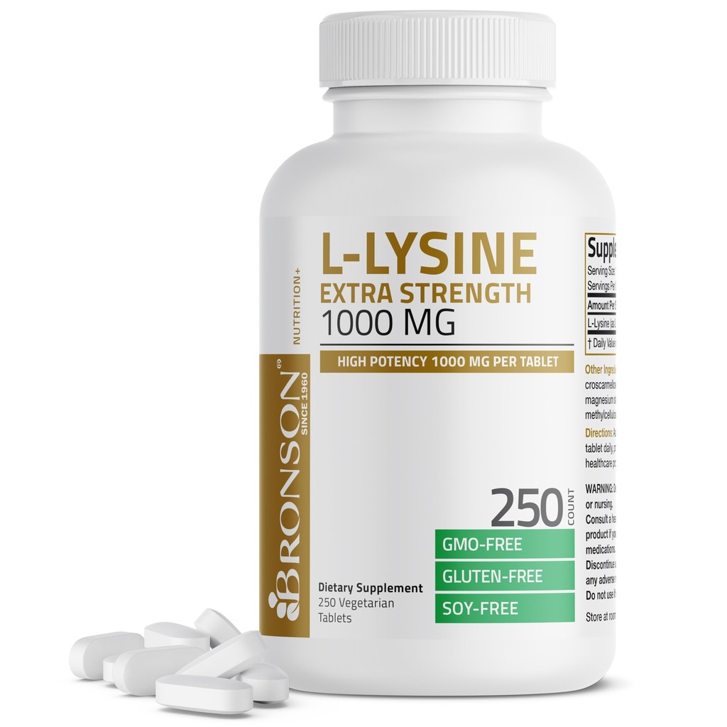 Bronson L-Lysine Extra Strength 1000 MG por Tablet High Potency, Immune Support &amp; Supports Collagen Synthesis, Non-GMO, 250 Vegetarian Tablets