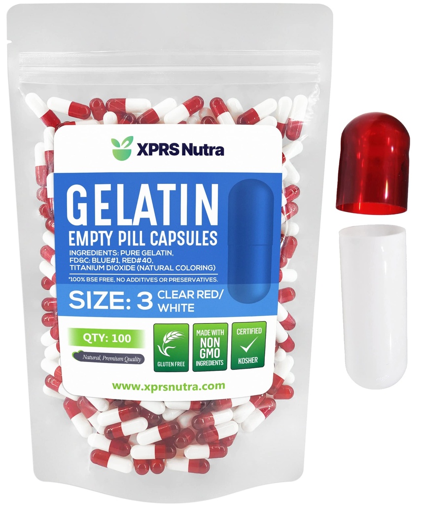 XPRS Nutra Size 3 Empty Capsules - 100 Conde Empty Gelatin Capsules - Pills DIY Capsule Filling - Pure Bovine Pill Gel Caps Fillable for Do-It-Yourself Vitamins and Supplements (Clear Red/White)