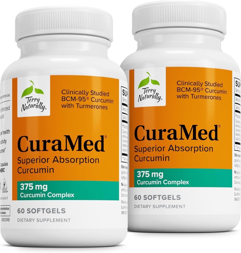 Terry Naturalmente CuraMed 375mg - Suplemento Antioxidante para Cerebro &amp; Inmuno Health Support - Suplemento dietético con Curcumin " Turmeric Essential Oil - Herbal Liver Support - 60 Softgels (Pack of 2)