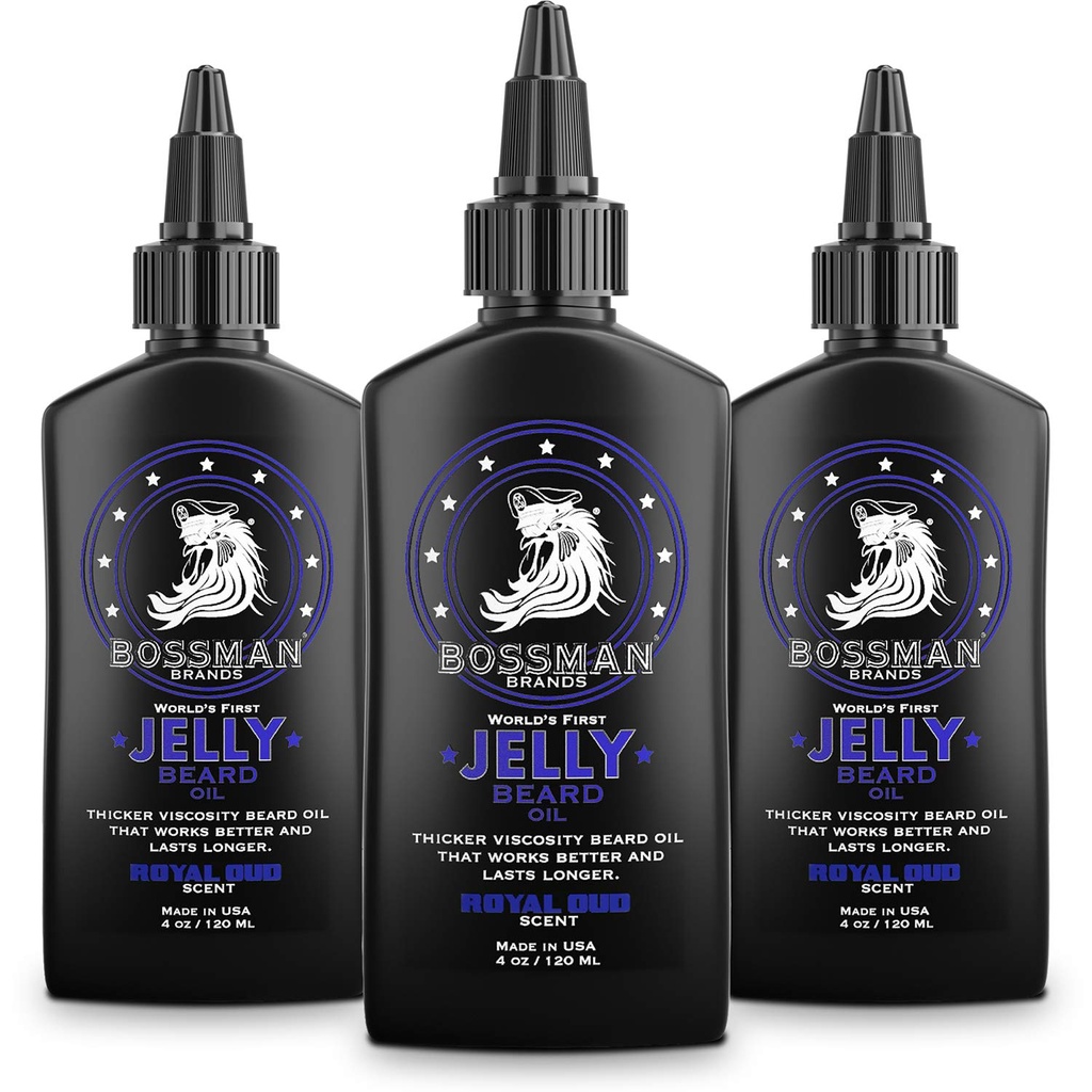Bossman Jelly Beard Oil for Hombre - 3 Pack (12 oz in Total, Royal Oud Scent) – Softens, Moisturizes & Conditions with Natural Ingredients