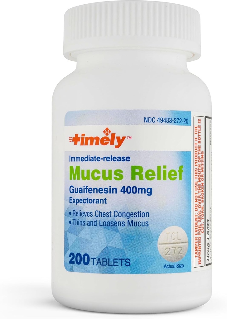 TIME-CAP LABS, INC. Timely Mucus Relief Guaifenesin 400mg 200 Tablets - Immediate Release Mucus Phlegm Relief - Expectorant for Mucus Removal, Chest Congestion, Flu, Colds, Allergies