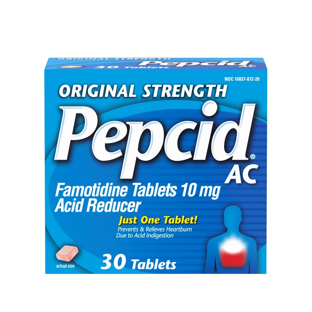 Pepcid AC Original Strength Heartburn Relief Tablets, OTC Medicine Prevents ' Relieves Heartburn " Acid Reflux Debido a la indigestión de ácido, 10 mg Famotidine Acid Reducer, Fast-Acting, 30 ct