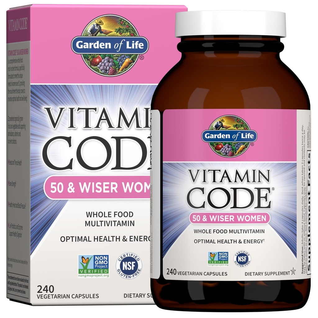 Jardín de la vida Código de vitaminas Multivitamina para las mujeres 50 &amp; más, 240 cápsulas, para las mujeres 50 Plus con vitaminas B, vitaminas A, C, D3, E &amp; K, CoQ10, Probióticos & enzimas