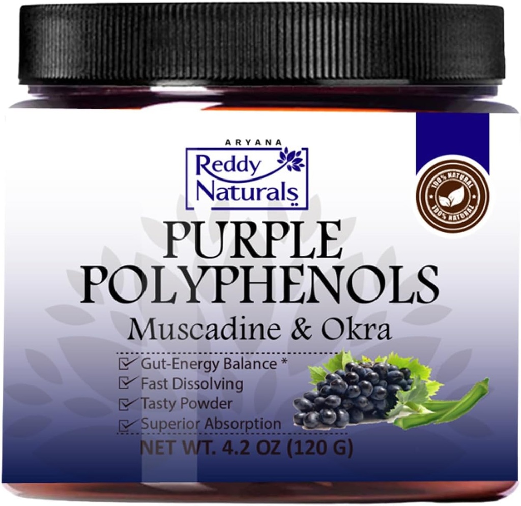 Naturales de Reddy - Suplemento de polifenoles púrpura con extracto de semilla de hierba de muscadina - Natural Gut Health Support Polvo con Okra Extract, Antioxidante Blend for Energy " Digestive Health (30 Servings)
