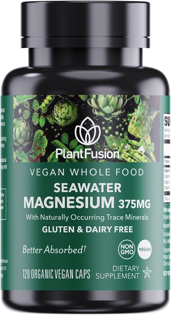 PlantFusion Vegan Magnesium Complex 375mg de Sea Water, Bioavailable Marine Magnesium with Fermented Organic Whole Food Blend, Non-GMO, Muscle & Relax Support, 120 Cap