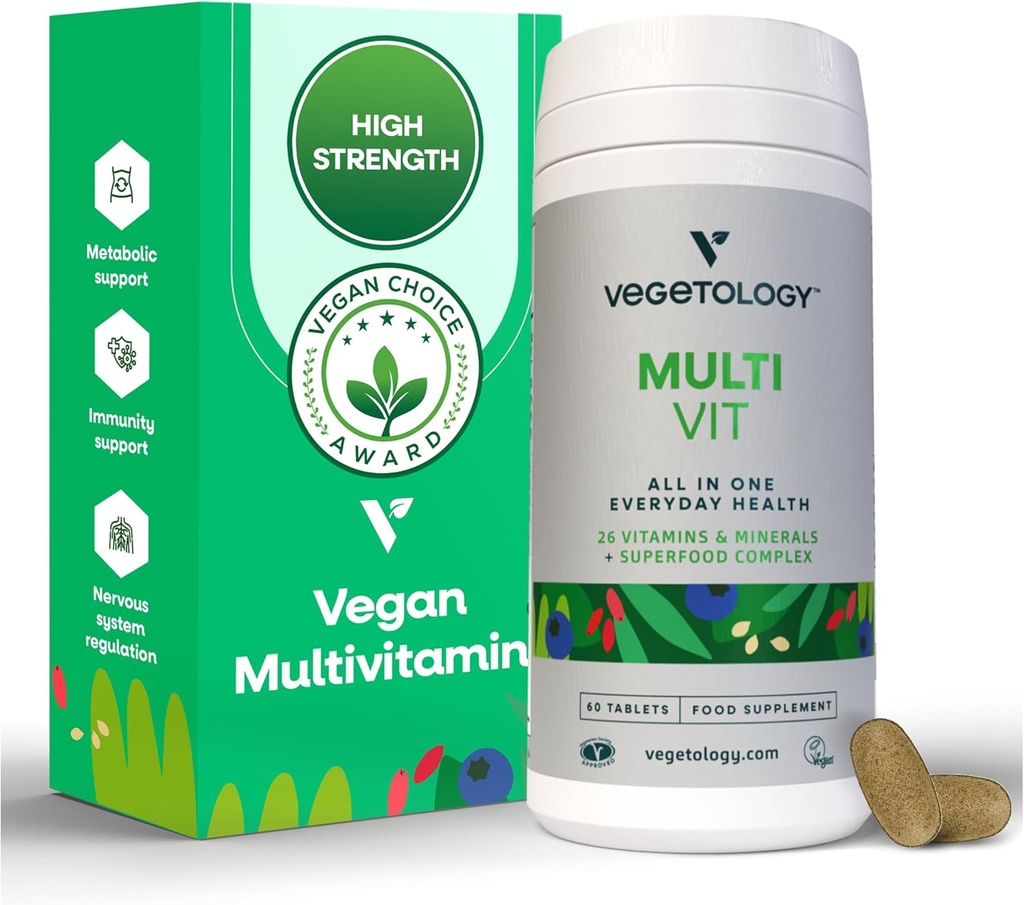 MultiVit Vegan Multivitamínico Suplemento, 26 Vitamina & Minerales – Suplementos de vitaminas para Metabólico, Función del cerebro & Soporte Inmunitario – Multivitamina para Mujeres, Hombres & Niños